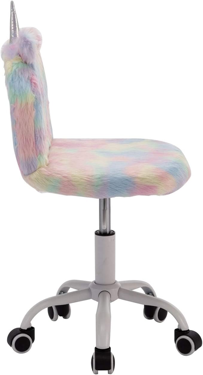 Cute Fuzzy Kids Chair Funny Rolling Study Desk Chair Colorful Girls Vanity Swivel Chair with White Foot