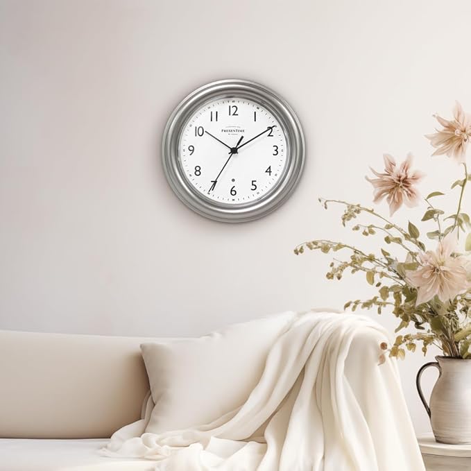 Presentime & Co. 8.5" Modern Farmhouse Night Light Wall Clock, Silent Non Ticking, Silver Color. (Luminous Wall Clock for Office, Home, Bathroom, Kitchen, Bedroom, and School)