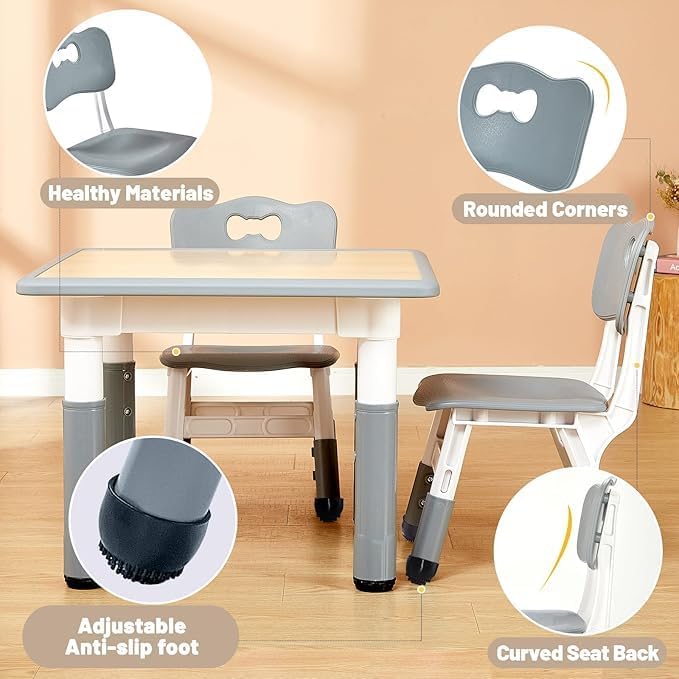 FUNLIO Adjustable Kids Chair (1pc), 3 Level Height Adjustable Toddler Chair for Ages 3-8, Sturdy Child Chairs with Maximum Bearing 220lbs, for Classrooms/Daycares/Homes, CPC & CE Approved - Gray