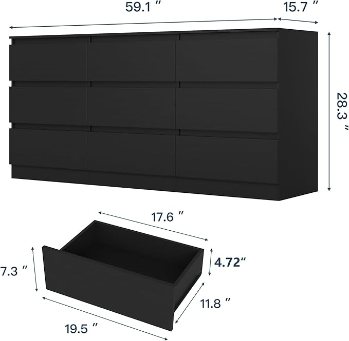 Black Dresser for Bedroom, Modern Long 9 Drawer Dresser with Deep Drawer, Wide Wood Storage Chest of Drawer for Living Room