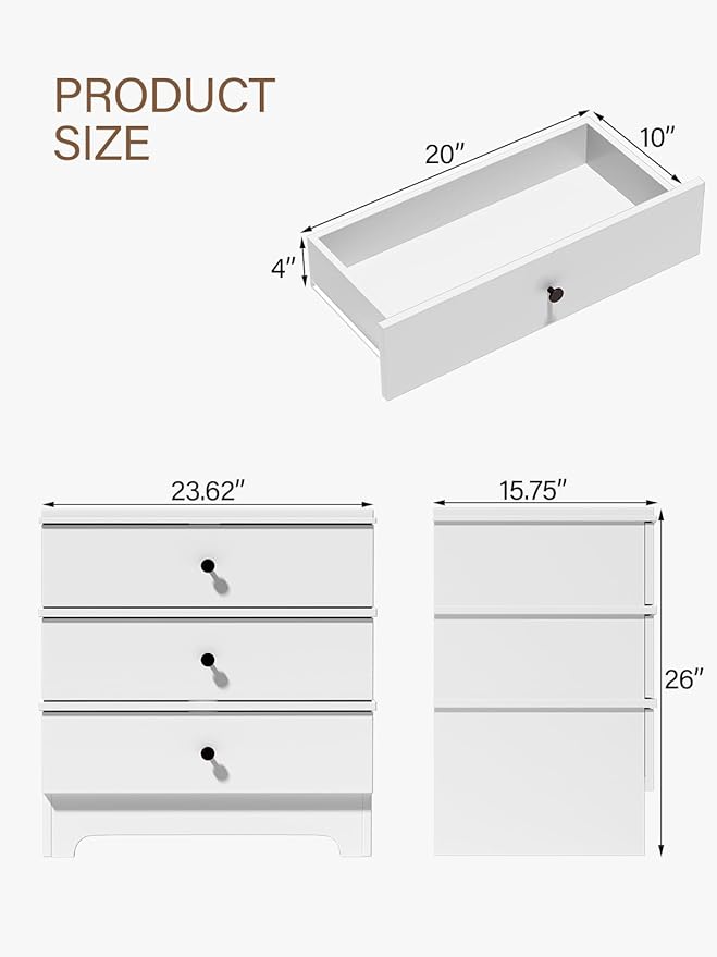 Farmhouse Nightstand with 3 Drawers, 24" End Table & Modern Bedside Table with Charging Station, Wood Nightstands Storage Cabinet for Bedroom Hallway, Entryway, White Set of 2