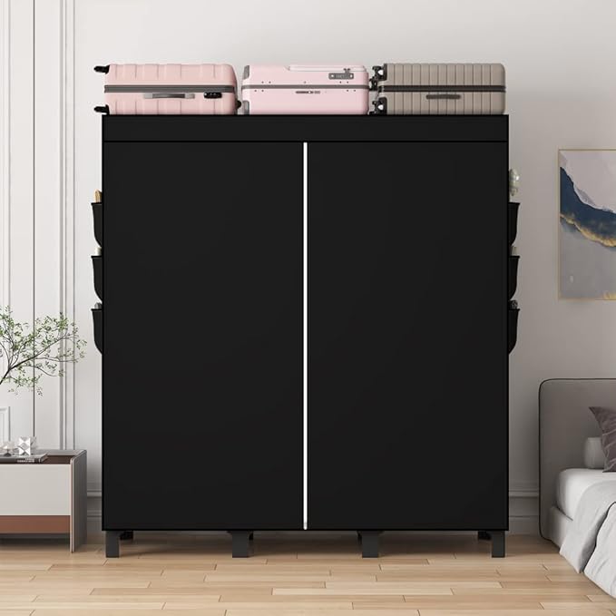 Portable Wardrobe, Clothes Organizer, Easy Hanger Wardrobe, Multiple Dividers and 3 Drawers, 6 Side Pockets Large Capacity (Black)