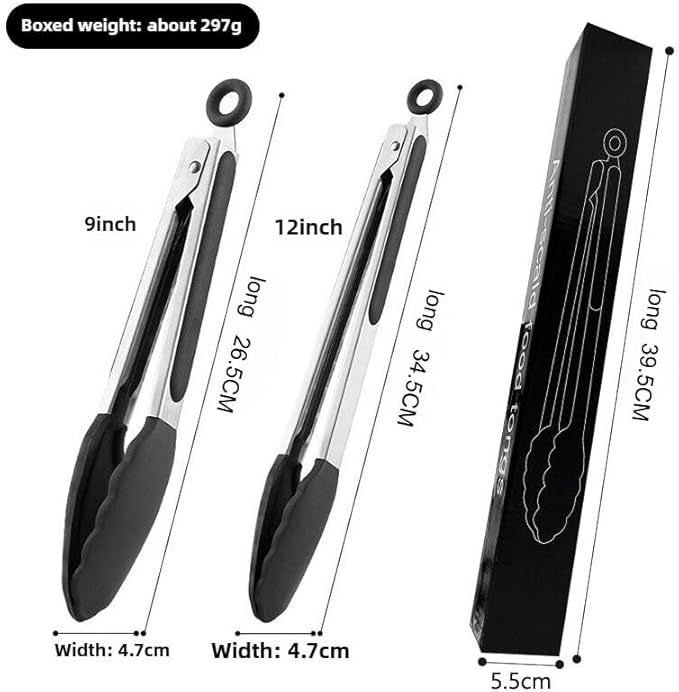 Silicone Kitchen Tongs for Cooking - 9+12 Inch Heat-Resistant Stainless Steel Cooking Tongs with Non-Slip Handle, Non-Scratch Tips for Grilling, BBQ, Salad & Air Fryer - 2-Piece Black Set
