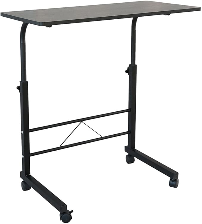 Goujxcy Sofa Side Table C Shaped End Table with Wheels, Black Rolling Bedside Laptop Table Snack Table TV Tray, Height Adjustable, Wooden Top & Metal Frame