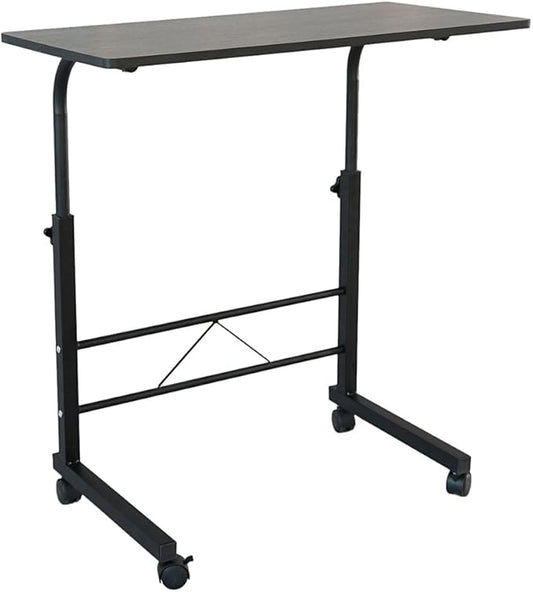 Goujxcy Sofa Side Table C Shaped End Table with Wheels, Black Rolling Bedside Laptop Table Snack Table TV Tray, Height Adjustable, Wooden Top & Metal Frame