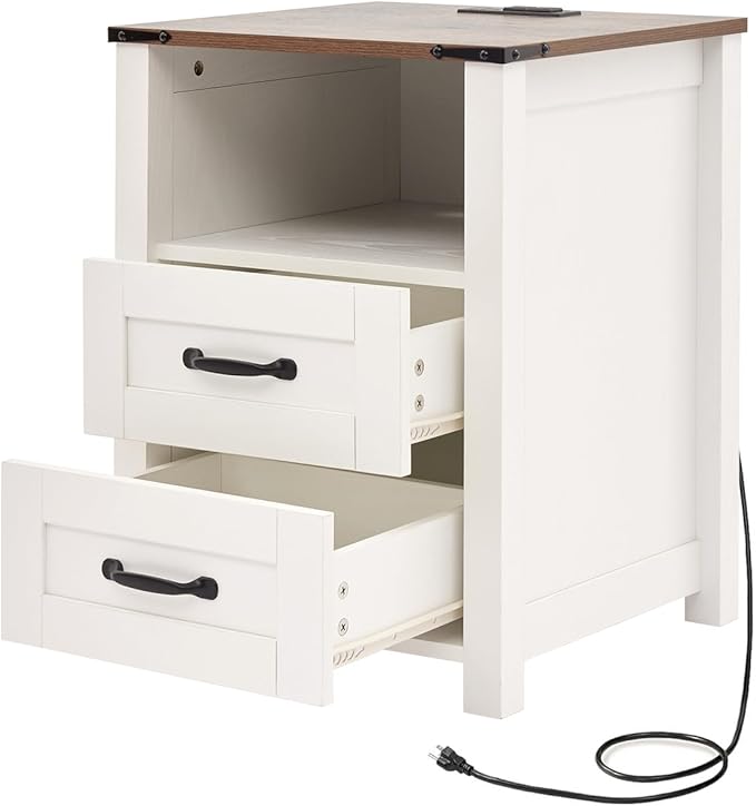 Farmhouse Nightstand Set of 2 with Charging Station & Drawers, White Wood Bedside Table, End Table with 2 Storage Drawers & USB Ports for Bedroom, Dorm, White