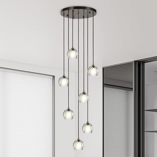 7 Lights Cluster Pendant Light, Brushed Black Modern Crystal Entryway Chandelier, High Ceiling Foyer Pendant Hanging Light Fixture for Staircase Dining Room