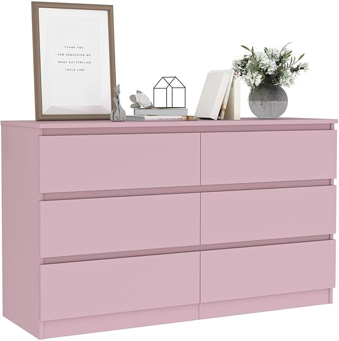 Pink Dresser for Bedroom, Modern 6 Drawer Dresser with Deep Drawer,Wide Storage Chest of Drawers, Bedroom Storage Organizer Furniture,TV Stand for Living Room