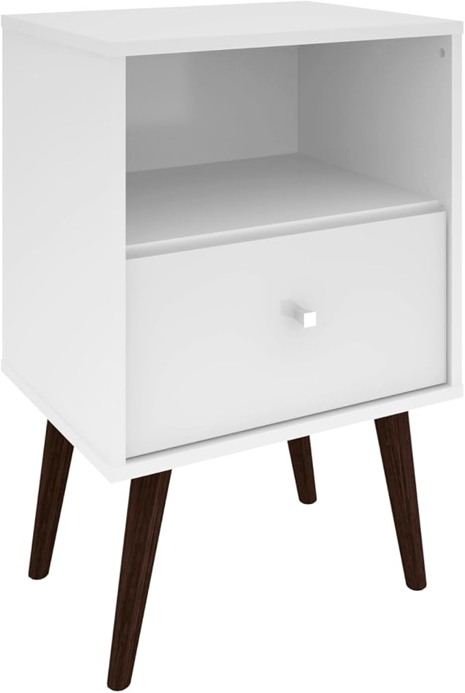 Manhattan Comfort Liberty Mid Century Modern Nightstand with Drawer and Cubby, Bedside Table for Bedroom and Living Room, Night Stand Accent Decor, Easy Assembly, White