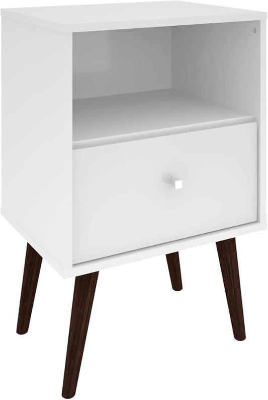 Manhattan Comfort Liberty Mid Century Modern Nightstand with Drawer and Cubby, Bedside Table for Bedroom and Living Room, Night Stand Accent Decor, Easy Assembly, White