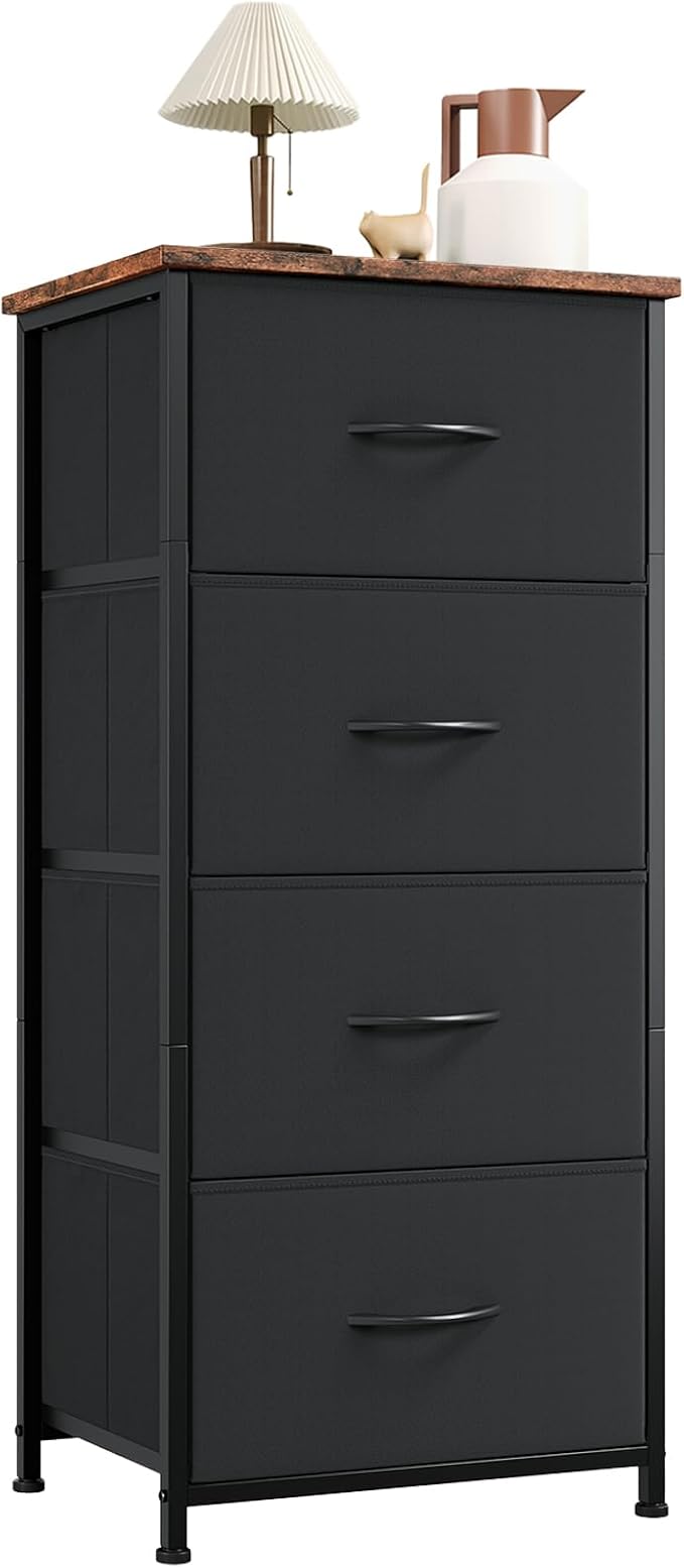Somdot Tall Dresser for Bedroom with 4 Drawers, Storage Organizer Chest of Drawers with Removable Fabric Bins for Living Room Closet Bedside Nursery Laundry Entryway Hallway, Black Rustic Brown