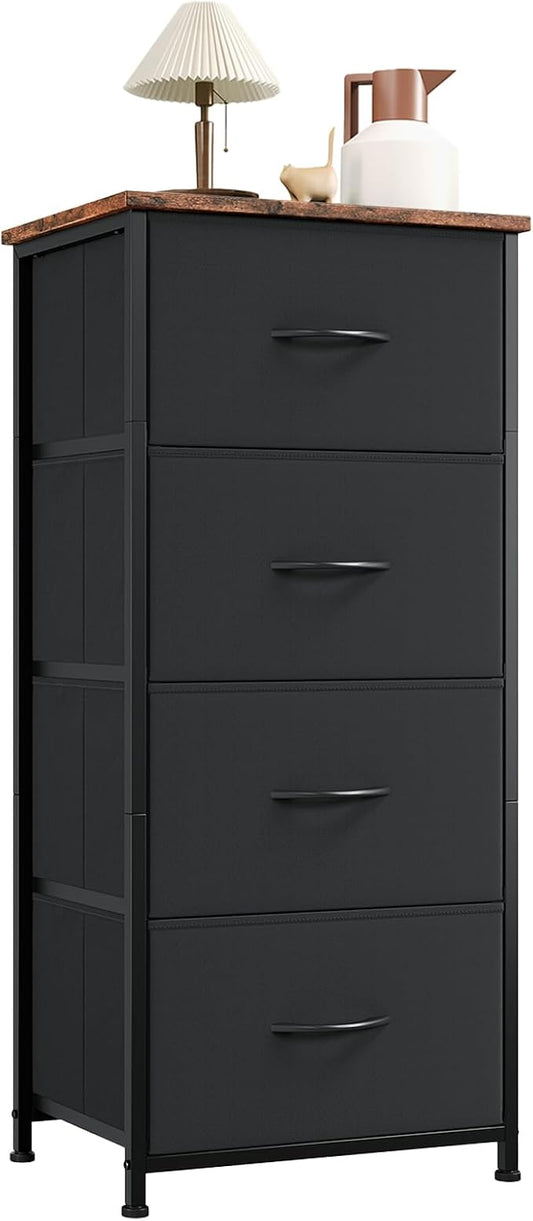 Somdot Tall Dresser for Bedroom with 4 Drawers, Storage Organizer Chest of Drawers with Removable Fabric Bins for Living Room Closet Bedside Nursery Laundry Entryway Hallway, Black Rustic Brown