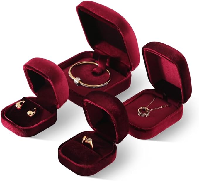 Resilient Velvet Ring Earrings Bracelet Necklace Display Box, Travel Mini Jewelry Organizer Case (Red, Bracelet Box)