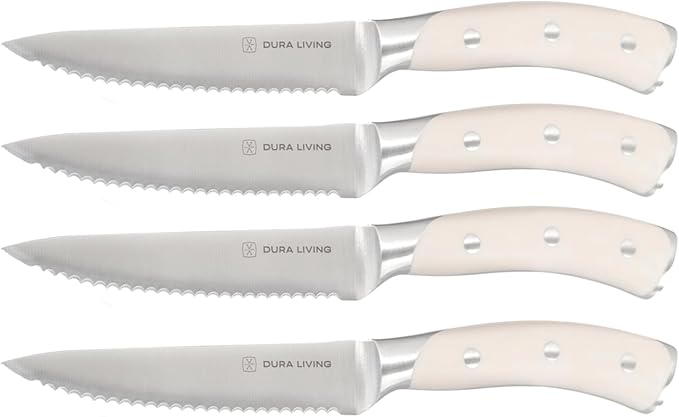 8-Piece Serrated Kitchen Steak Knife Set – Forged High Carbon Stainless Steel, Ultra Sharp, Ergonomic Black Handles, Durable Dinner Knives, Cream Handle