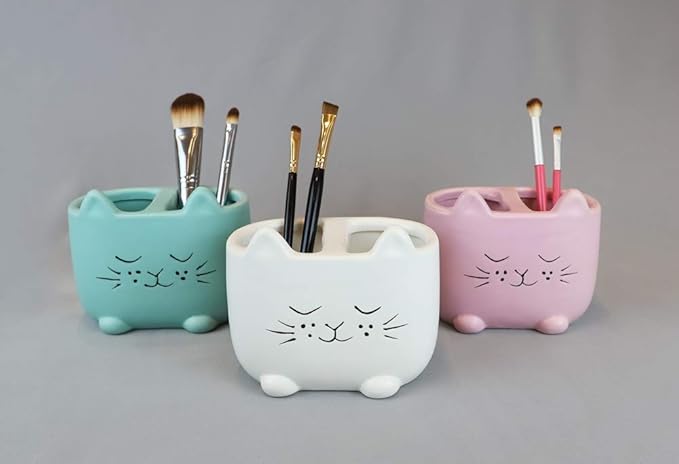Isaac Jacobs Pink Ceramic Cat Makeup Brush Holder, Multi-Purpose 2-Section Organizer. Bathroom, Kitchen, Bedroom, Office Décor (2-Section Cup, Pastel Pink)