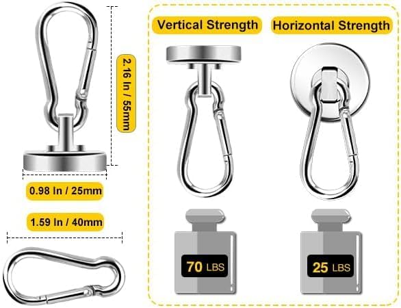 DIYMAG Magnetic Hooks, 70LBS Heavy Duty Neodymium Magnetic Hooks with Swivel Carabiner Hook,Great for Your Refrigerator and Other Magnetic Surfaces, Pack of 15