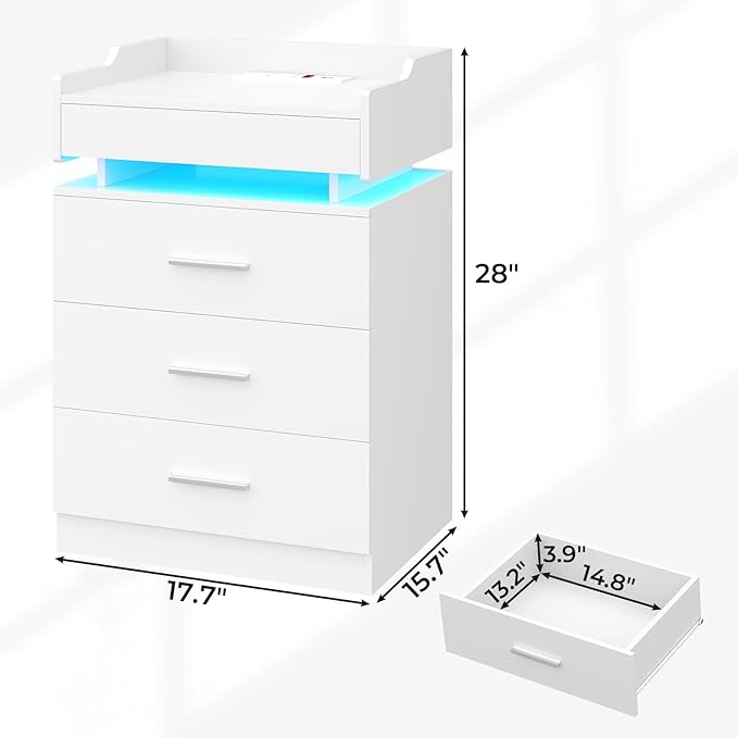 Large Nightstand with Charging Station and LED Lights, White Night Stand with 3 Drawers and 1 Pull-Out Tray, Modern Bedside Table with Outlets, End Table Side Table with Storage