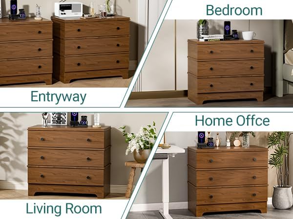3 Drawer Nightstand with Charging Station,28" Farmhouse Night Stand & Modern 3 Drawer Dresser,Wood Nightstands Storage Cabinet for Bedroom Hallway, Entryway, Home Office, Brown Set of 2
