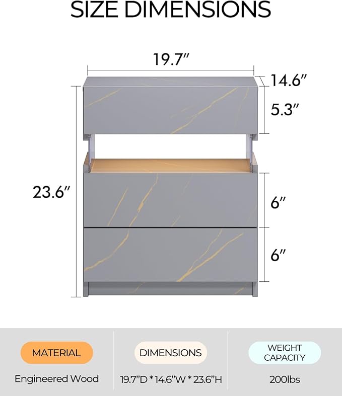 Bingoday LED Nightstands LED Bedside Tables with 3 Drawers Night Stand with Acrylic Board Modern LED Nightstand