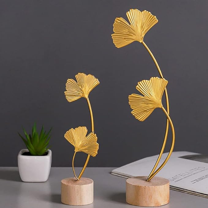 ARFUKA Decoraciones para Salas De Casa Ginkgo Leaf Statues Desktop Sculpture Ornaments Gold Home Decor for Living Room, Bedroom, Office Desktop, Cabinets Pack of 2