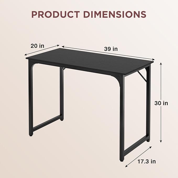 PayLessHere | 39 Inch Computer Desk | Black | Office Desk with Metal Frame, Adjustable Feet | Water-Resistant, Scratchproof Surface | Sturdy Writing Table for Home Office or Study | Pack of 1
