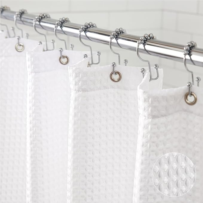 GORILLA GRIP Waffle Shower Curtain, Thick Weighted Fabric, 72x78, Wrinkle and Rust Resistant, Classic Hotel Quality Design, Heavy Duty Long Curtains for Bathroom Showers, Bath Tubs, Machine Wash White