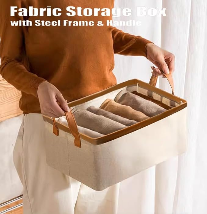 AARAINBOW 4 Pcs Closet Clothes Organizer with Handle, Fabric Storage Bin with Steel Frame Closet Shelf Box Stackable Shelf Storage Baskets Foldable Wardrobe Storage Box for Cltohes Toys, 20L (4 White)