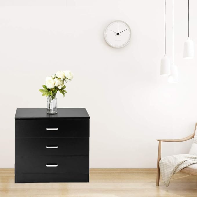 Black Night Stand, Bedside Table/Nightstand with 3 Drawers, Compact Side Table for Bedroom, College Dorm & Living Room, Wooden End Table Bedroom