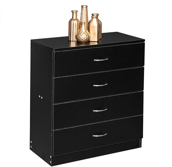 Black Night Stand, Bedside Table/Nightstand with 4 Drawers, Compact Side Table for Bedroom, College Dorm & Living Room, Wooden End Table Bedroom