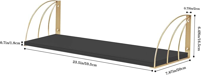 Black Floating Shelves Pine Wood 23.5×7.87 Inch Black Floating Bookshelf with Elegant Lines,Long Gold Shelves,Black and Gold Floating Shelves for Floating Book Shelf Set of 2.