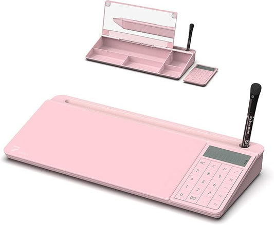 TOWON Desk Dry Erase Board with Detachable Calculator, Small Glass Desktop Whiteboard, Desktop whiteboard - Glass Dry Erase White Board- Desk Computer Buddy for Home Office Supply, Pink, 17 x 6 in