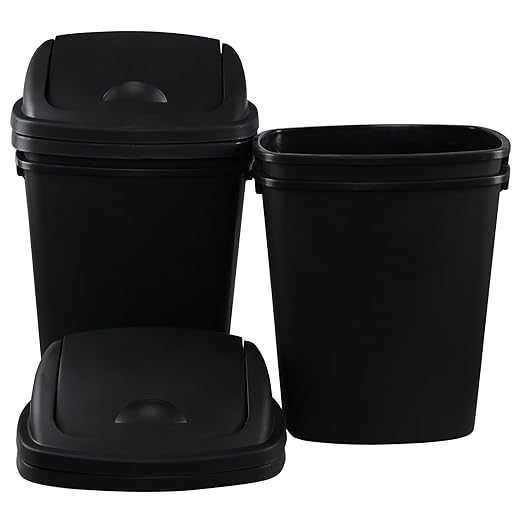 Begale 10 Gallon Plastic Swing Top Waste Container for Home Kitchen, Rectangular Trash Bin with Swing Lid, Black, Pack of 4