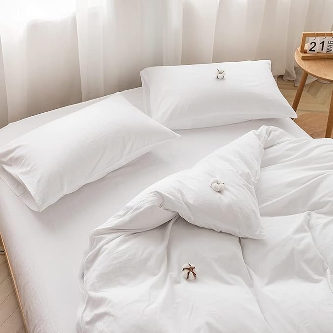FACE TWO FACE Bedding Duvet Cover Set 3 Pieces 100% Washed Cotton Duvet Cover Linen Like Textured Breathable Durable Soft Comfy (California King, White)