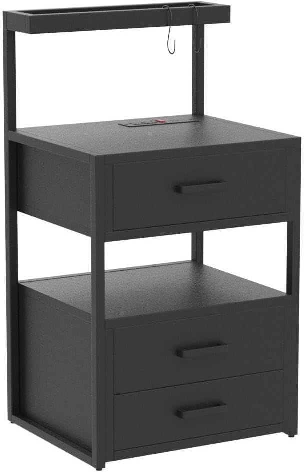 AOGLLATI Nightstand Set of 2 with Charging Station and LED Lights, Bedside Table with 3 Drawers and Open Storage Shelves, 2 USB Ports and 2 AC Outlets, LED Night Stand for Bedroom, 2 Pack, Black