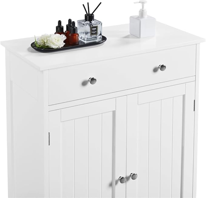 Yaheetech Set of 2 Bathroom Storage Cabinet with 1 Drawer and 2 Doors, Freestanding Entryway Storage Unit with Adjustable Shelf, Home Organizer for Entryway, Living Room, White