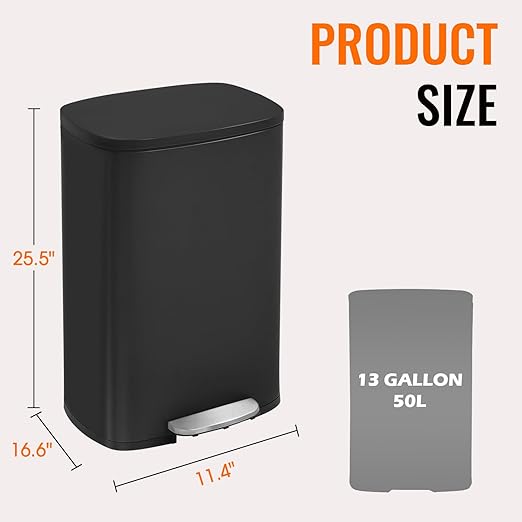 BestOffice 13 Gallon (50L) Trash Can with Lid Garbage Can Commercial Trash Can with Soft-Close Foot Pedal Fingerprint Proof Stainless Steel for Kitchen Home Office Bedroom Bathroom