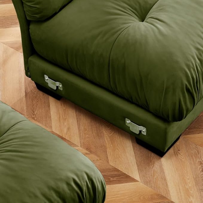 Ball & Cast L Shaped Sectional Cloud Sofa,166" Modular Velvet Sectional Couch with Movable Ottoman,4 Seater Couches w/Waist Pillow,Throw Pillows and Blostered Armrest,for Living Room,Olive Green
