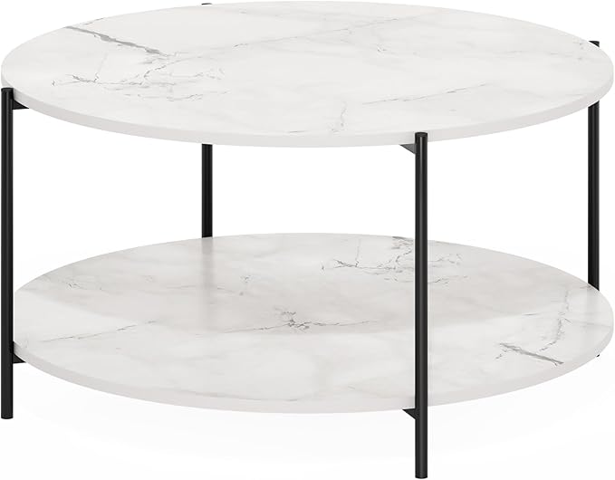 Furinno Besi 2-Tier Modern Round Coffee Table Table with Sturdy Metal Legs, Marble White/Black