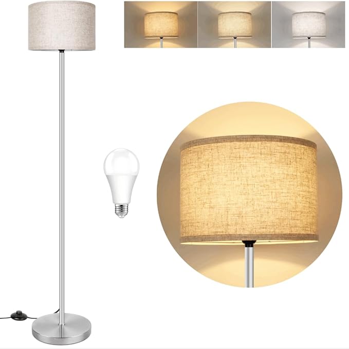 65‘’Modern Simple Floor Lamp Foot Switch, Silver Standing Lamp for Living Room with 3-Color Changing LED Bulb, Dimmable LED Floor Light for Bedroom Kid Office, Stand Up Lamp with Linen Shade, E26 Base