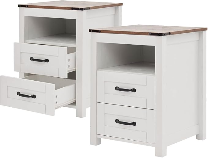 Farmhouse Nightstand Set of 2 with 2 Storage Drawers, Brown Wood Bedside Table, Sturdy End Table with Shelf for Bedroom, Dorm, Living Room, Brown