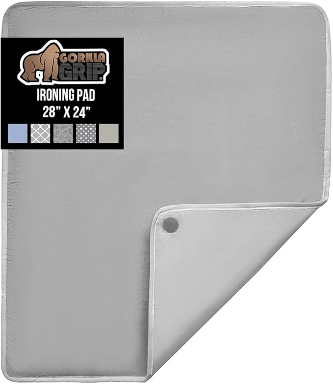 GORILLA GRIP Ironing Mat, Portable Iron Pad, Magnetic Cover and Padding for Top of Washer, Dryer, Tabletop, Countertop, Silicone Coating and Scorch Resistant, Travel Size 28 x 24 in, Silver