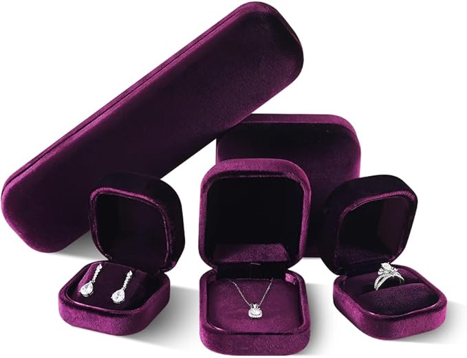 Resilient Velvet Ring Earrings Bracelet Necklace Display Box, Travel Mini Jewelry Organizer Case (Purple, Earrings Box)