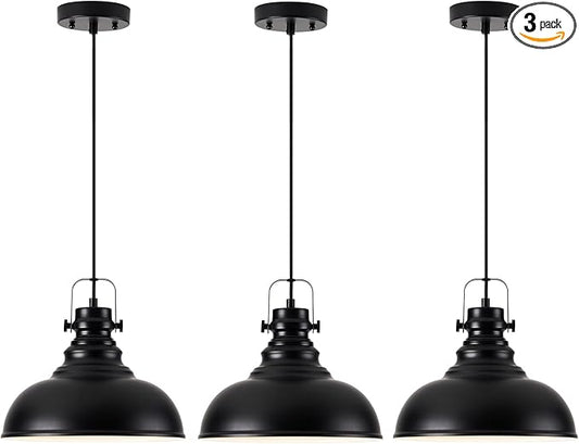 Industrial Pendant Light Fixture, Farmhouse Decor Adjustable Metal Hanging Lamp, Vintage Pendant Lighting for Kitchen Restaurant Dining Room Cafe, E26 Base Black (Black, 3 Pack)