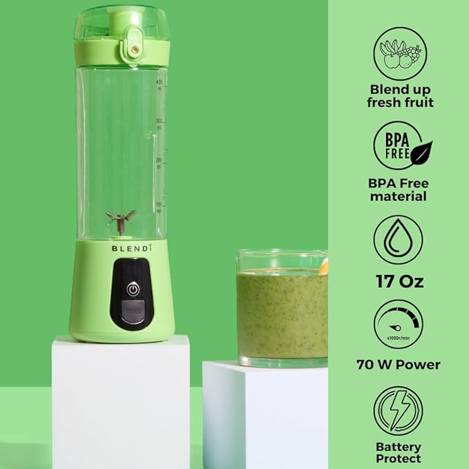 BLENDi Lite Portable Blender (17oz) – USB Rechargeable, Powerful 70W Motor for Smoothies, Protein Shakes & More – Compact, Travel-Friendly & BPA-Free (Lime)