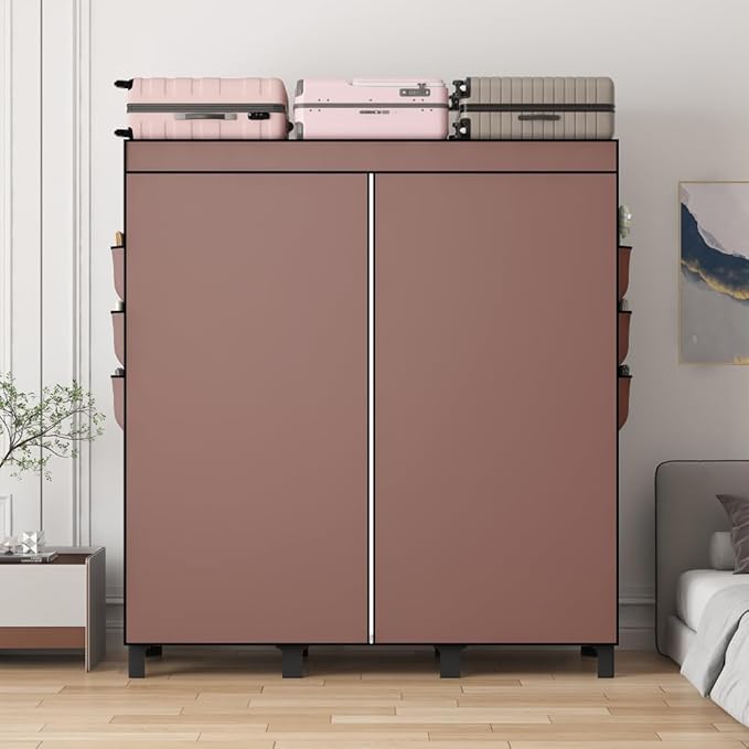 Portable Closet, Clothes Storage Box, Simple Wardrobe for Hanging Clothes, Multiple Shelves and 3 booms,6 Side Pockets (Grey) (Coffee, Large)