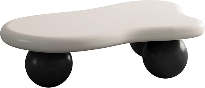 40 Inch Cloud Shaped Coffee Table with 3 Ball Legs for Living Room White Top Black Legs
