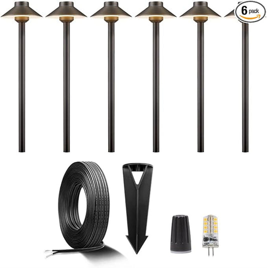 Brass Low Voltage Path Lighting Kit (6 Pack Path Lights) with 100 Feet Cable and 30Pack Wire Connectors for Outdoor Pathway House Garden Patio Without Transformer