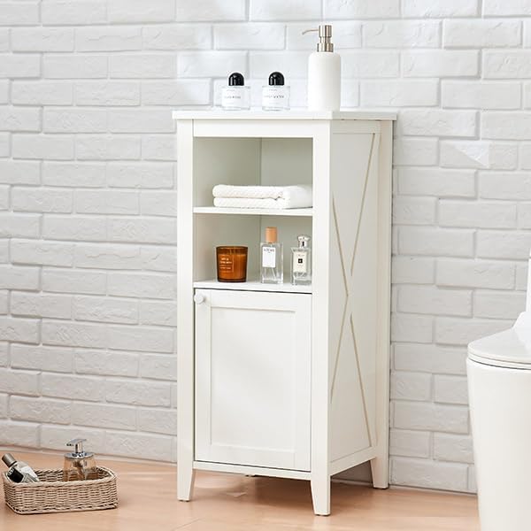 35.4" Tall Bathroom Floor Cabinet, 15.7" Wide Farmhouse Small Storage Cabinet with Door, Corner Floor Cabinet with Shelves, Organizer for Living Room, Kitchen, White