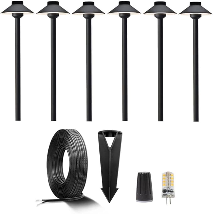 Brass Low Voltage Black Path Lighting Kit (6 Pack Path Lights) with 100 Feet Cable and 30Pack Wire Connectors for Outdoor Pathway House Garden Patio Without Transformer