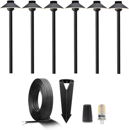 Brass Low Voltage Black Path Lighting Kit (6 Pack Path Lights) with 100 Feet Cable and 30Pack Wire Connectors for Outdoor Pathway House Garden Patio Without Transformer